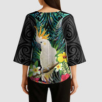 Sulphur-crested Cockatoo New Zealand Kimono Sleeve Blouse Paua Shell Aotearoa Maori Tropical Flowers LT14 - Polynesian Pride
