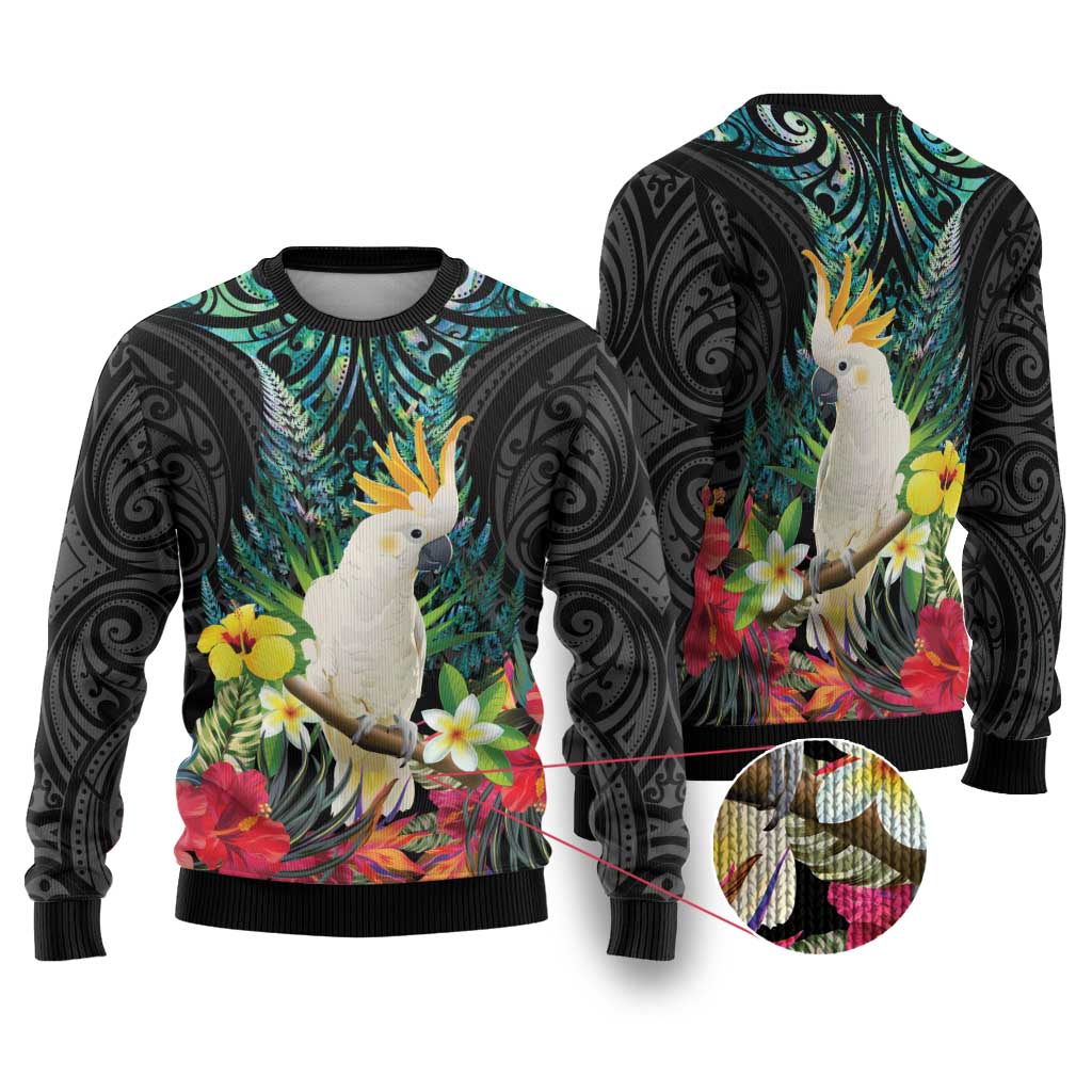 Sulphur-crested Cockatoo New Zealand Ugly Christmas Sweater Paua Shell Aotearoa Maori Tropical Flowers LT14 Black - Polynesian Pride