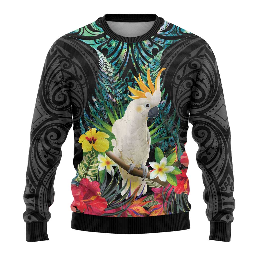 Sulphur-crested Cockatoo New Zealand Ugly Christmas Sweater Paua Shell Aotearoa Maori Tropical Flowers LT14 - Polynesian Pride