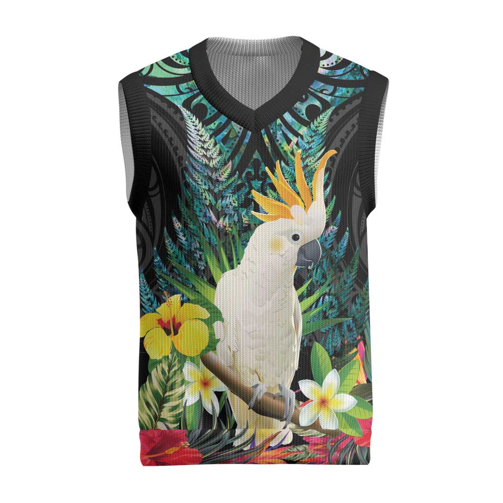 Sulphur-crested Cockatoo New Zealand Christmas Knitted V-Neck Vest Paua Shell Aotearoa Maori Tropical Flowers LT14 Black - Polynesian Pride