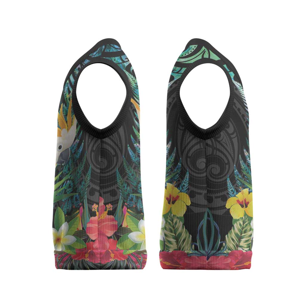Sulphur-crested Cockatoo New Zealand Christmas Knitted V-Neck Vest Paua Shell Aotearoa Maori Tropical Flowers LT14 - Polynesian Pride