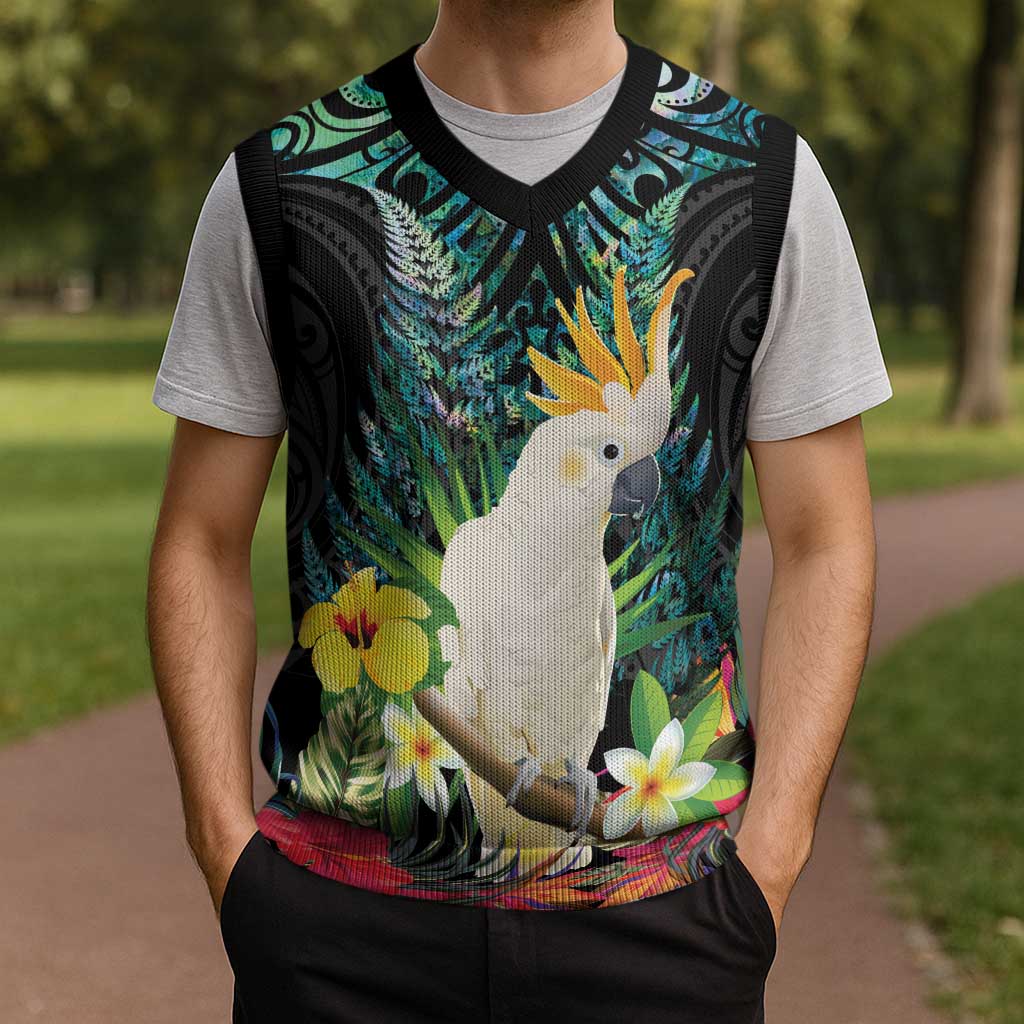 Sulphur-crested Cockatoo New Zealand Christmas Knitted V-Neck Vest Paua Shell Aotearoa Maori Tropical Flowers LT14 - Polynesian Pride