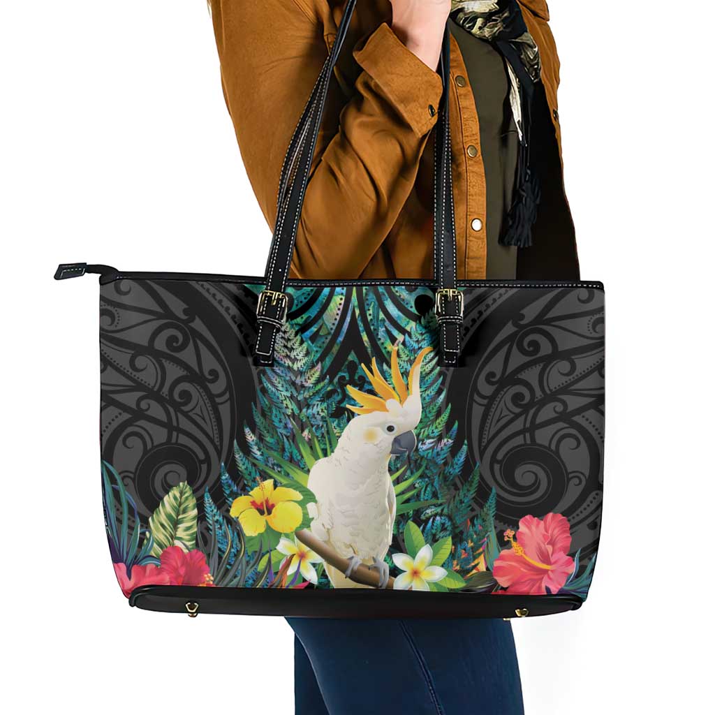 Sulphur-crested Cockatoo New Zealand Leather Tote Bag Paua Shell Aotearoa Maori Tropical Flowers LT14 - Polynesian Pride