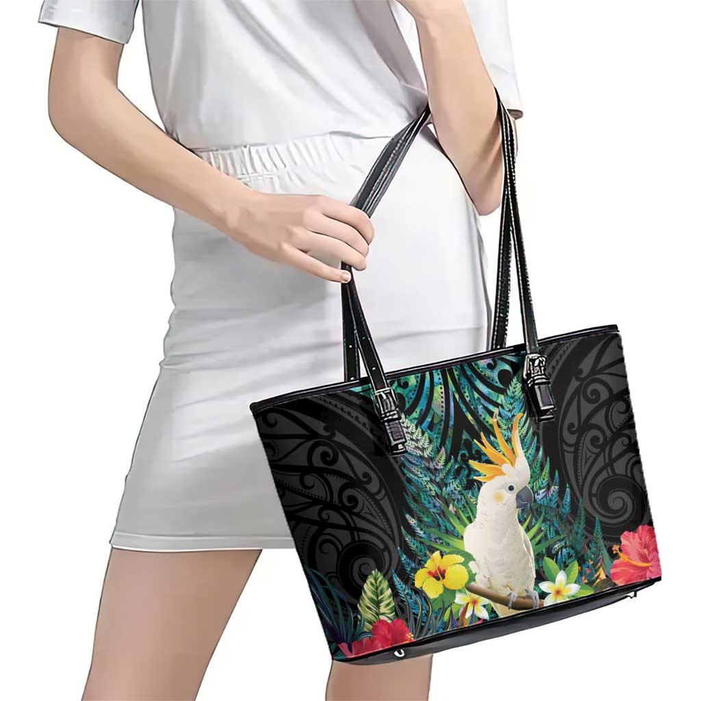 Sulphur-crested Cockatoo New Zealand Leather Tote Bag Paua Shell Aotearoa Maori Tropical Flowers LT14 - Polynesian Pride