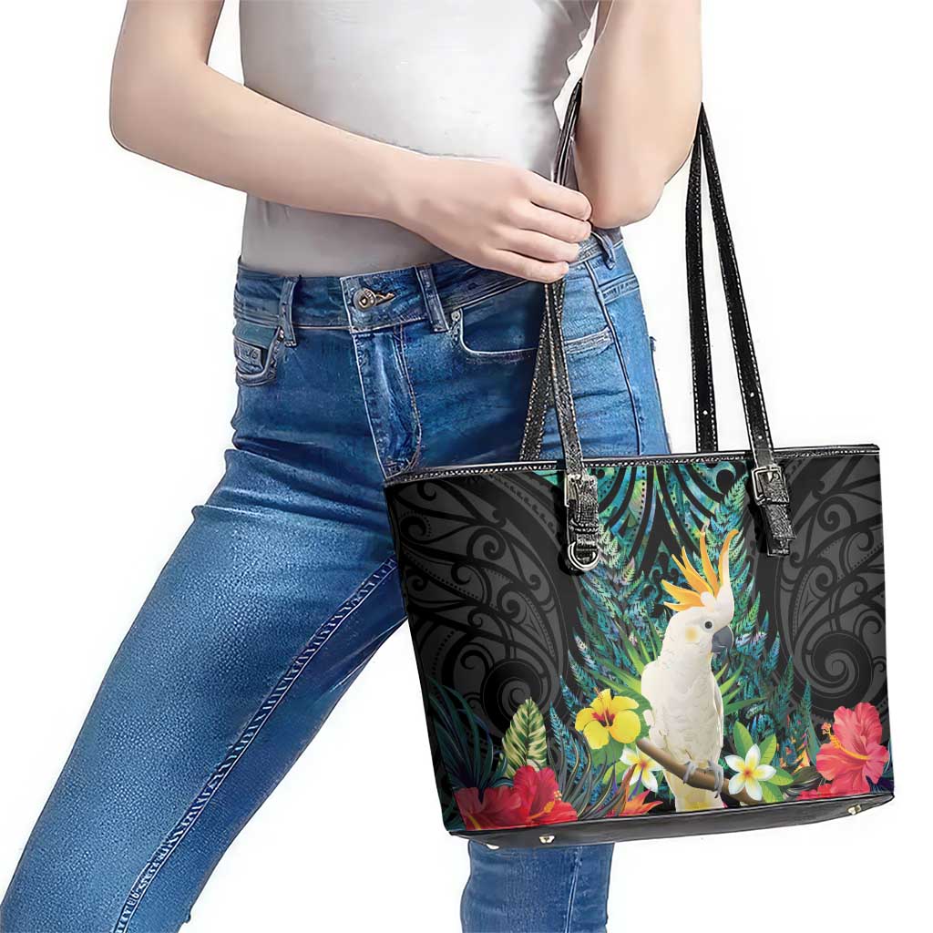 Sulphur-crested Cockatoo New Zealand Leather Tote Bag Paua Shell Aotearoa Maori Tropical Flowers LT14 - Polynesian Pride