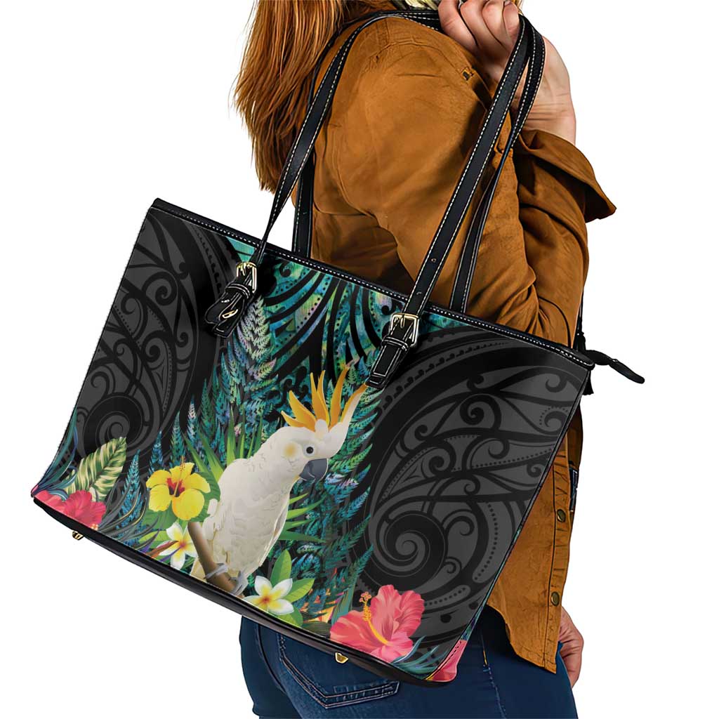 Sulphur-crested Cockatoo New Zealand Leather Tote Bag Paua Shell Aotearoa Maori Tropical Flowers LT14 - Polynesian Pride