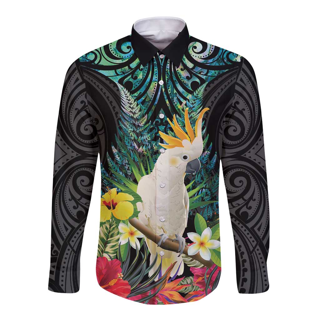 Sulphur-crested Cockatoo New Zealand Long Sleeve Button Shirt Paua Shell Aotearoa Maori Tropical Flowers LT14 Unisex Black - Polynesian Pride