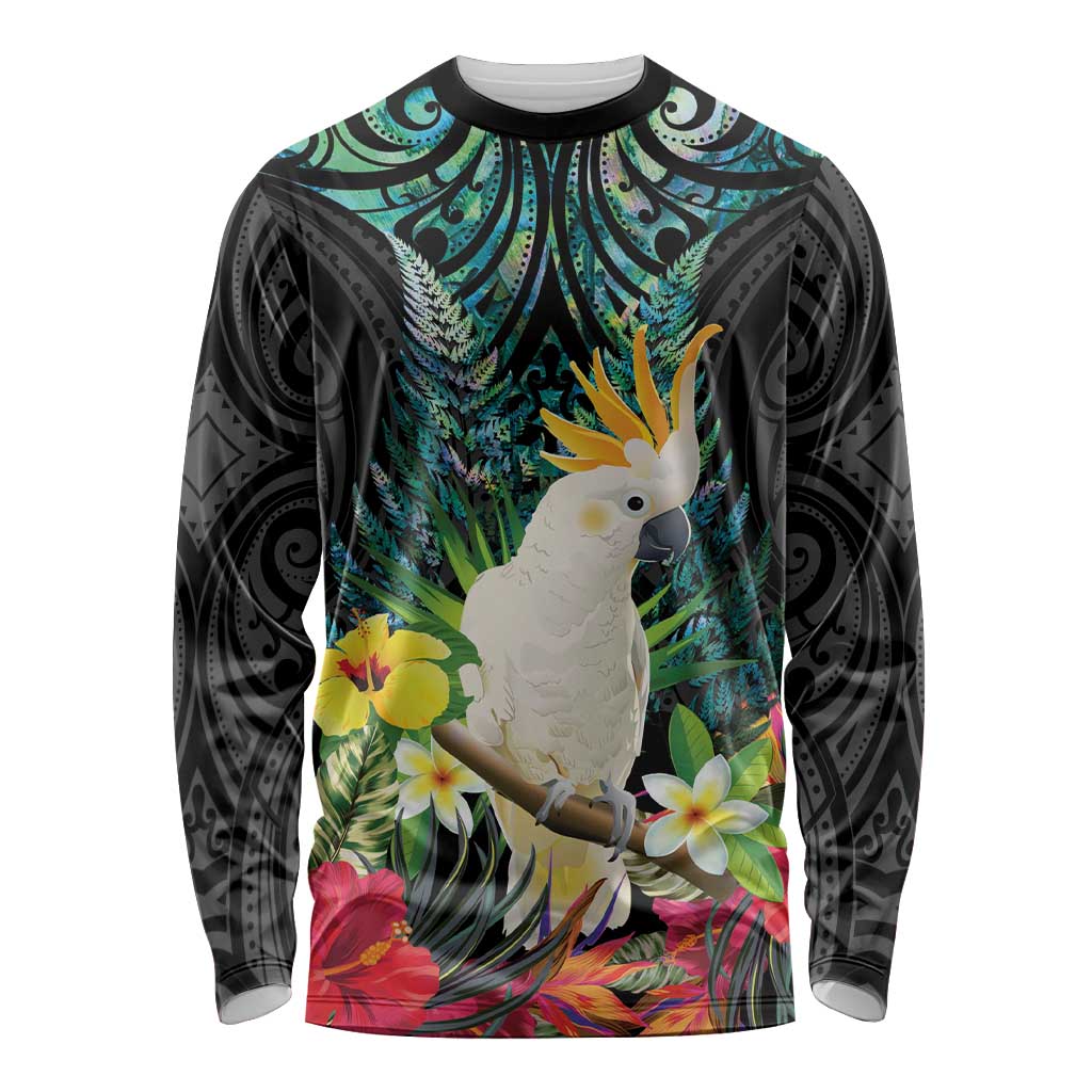Sulphur-crested Cockatoo New Zealand Long Sleeve Shirt Paua Shell Aotearoa Maori Tropical Flowers LT14 Unisex Black - Polynesian Pride