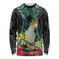 Sulphur-crested Cockatoo New Zealand Long Sleeve Shirt Paua Shell Aotearoa Maori Tropical Flowers LT14 Unisex Black - Polynesian Pride