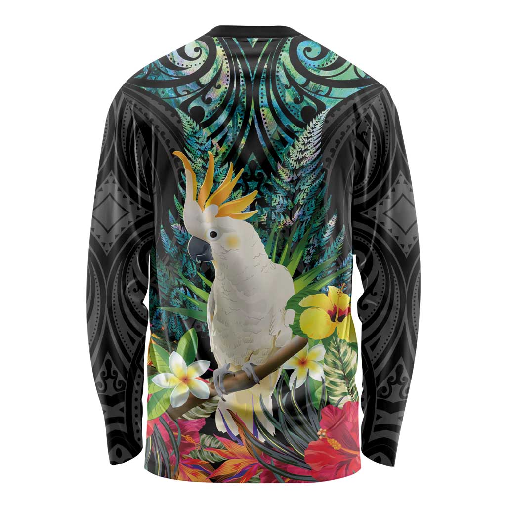 Sulphur-crested Cockatoo New Zealand Long Sleeve Shirt Paua Shell Aotearoa Maori Tropical Flowers LT14 - Polynesian Pride