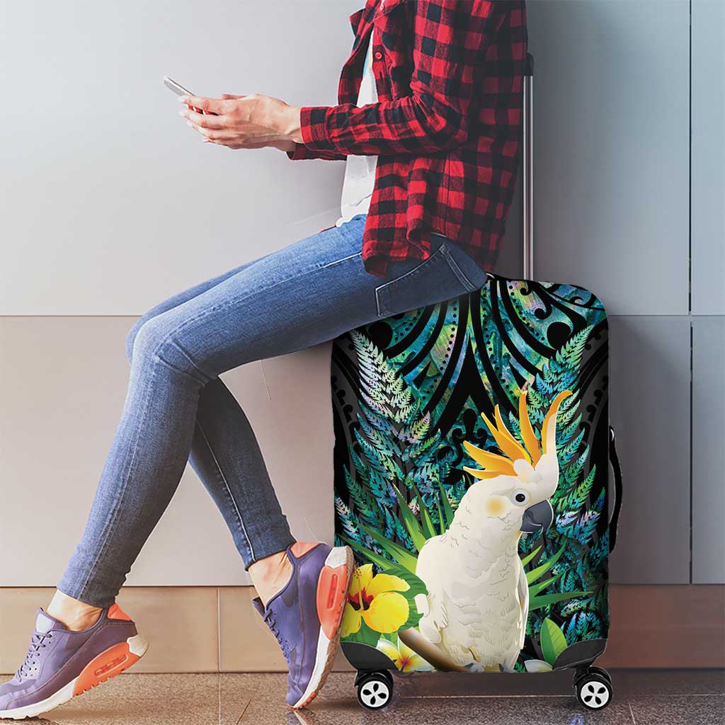 Sulphur-crested Cockatoo New Zealand Luggage Cover Paua Shell Aotearoa Maori Tropical Flowers - Polynesian Pride
