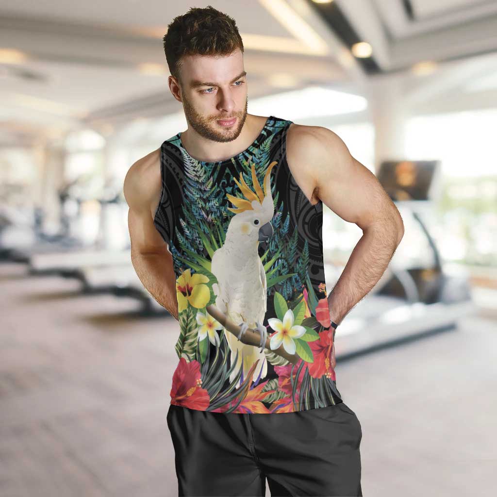 Sulphur-crested Cockatoo New Zealand Men Tank Top Paua Shell Aotearoa Maori Tropical Flowers - Polynesian Pride
