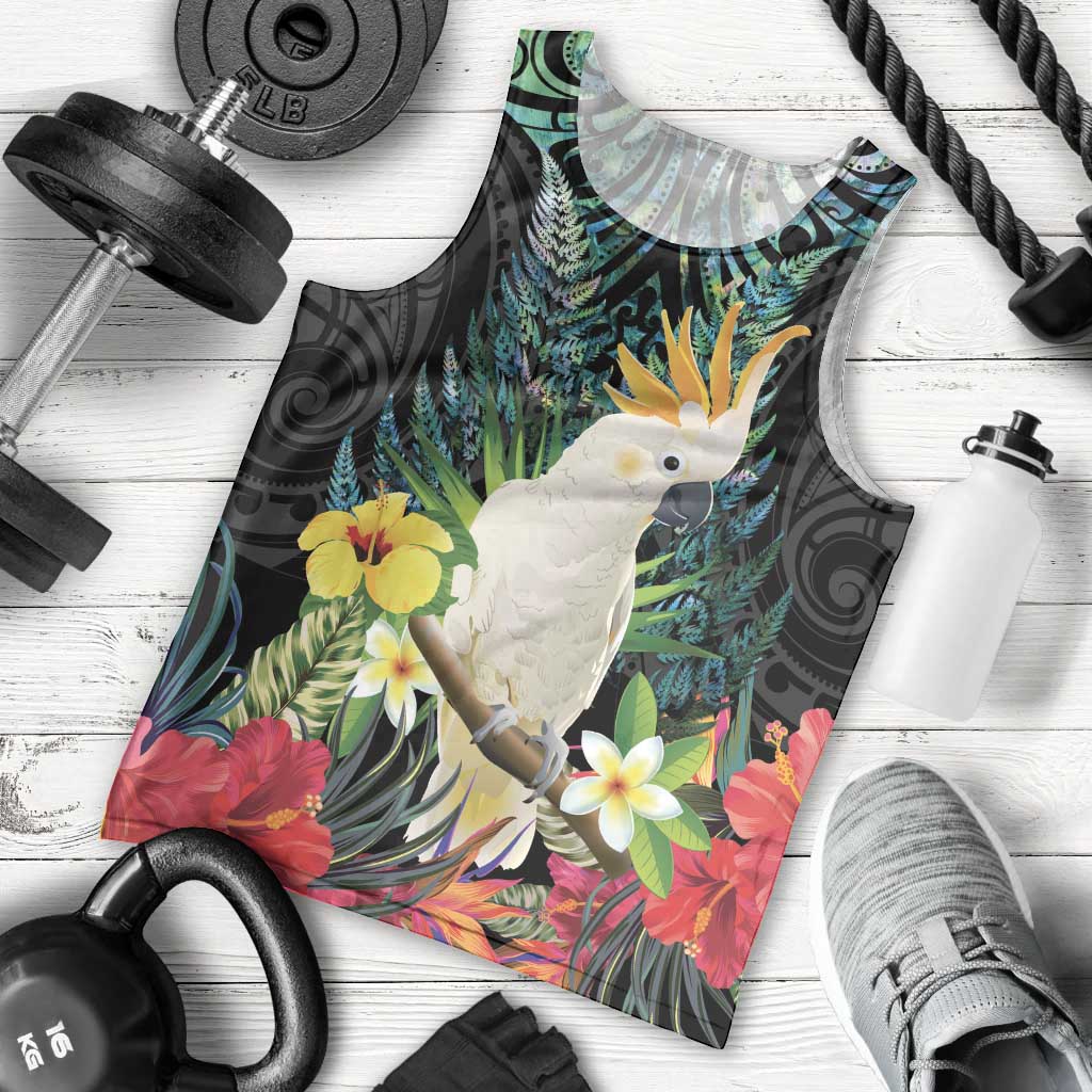 Sulphur-crested Cockatoo New Zealand Men Tank Top Paua Shell Aotearoa Maori Tropical Flowers LT14 - Polynesian Pride
