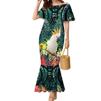 Sulphur-crested Cockatoo New Zealand Mermaid Dress Paua Shell Aotearoa Maori Tropical Flowers LT14 Women Black - Polynesian Pride
