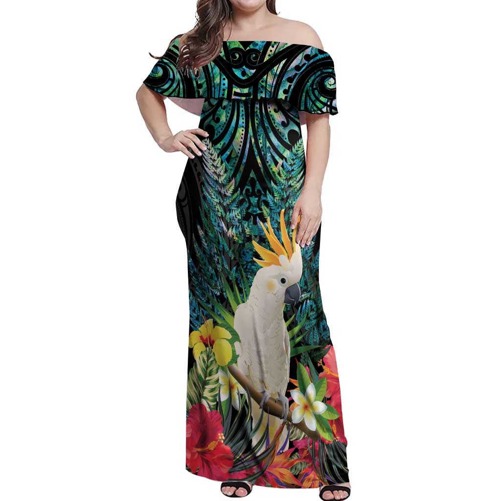 Sulphur-crested Cockatoo New Zealand Off Shoulder Maxi Dress Paua Shell Aotearoa Maori Tropical Flowers LT14 Women Black - Polynesian Pride