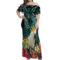 Sulphur-crested Cockatoo New Zealand Off Shoulder Maxi Dress Paua Shell Aotearoa Maori Tropical Flowers LT14 Women Black - Polynesian Pride