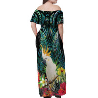 Sulphur-crested Cockatoo New Zealand Off Shoulder Maxi Dress Paua Shell Aotearoa Maori Tropical Flowers LT14 - Polynesian Pride