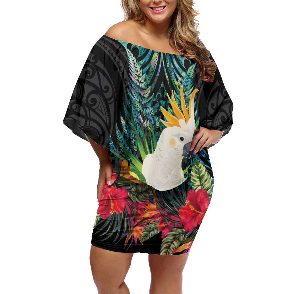 Sulphur-crested Cockatoo New Zealand Off Shoulder Short Dress Paua Shell Aotearoa Maori Tropical Flowers LT14 Women Black - Polynesian Pride