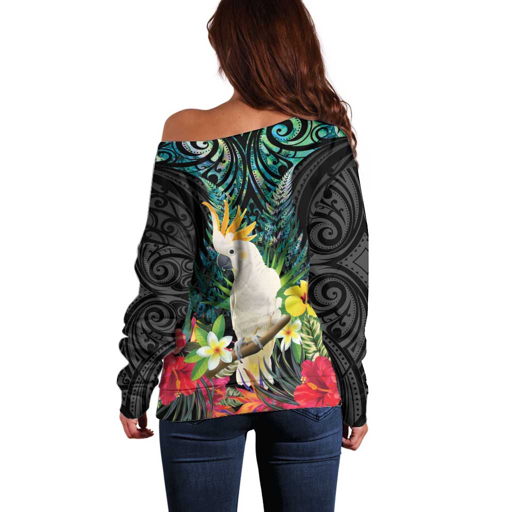Sulphur-crested Cockatoo New Zealand Off Shoulder Sweater Paua Shell Aotearoa Maori Tropical Flowers LT14 - Polynesian Pride
