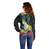 Sulphur-crested Cockatoo New Zealand Off Shoulder Sweater Paua Shell Aotearoa Maori Tropical Flowers LT14 - Polynesian Pride