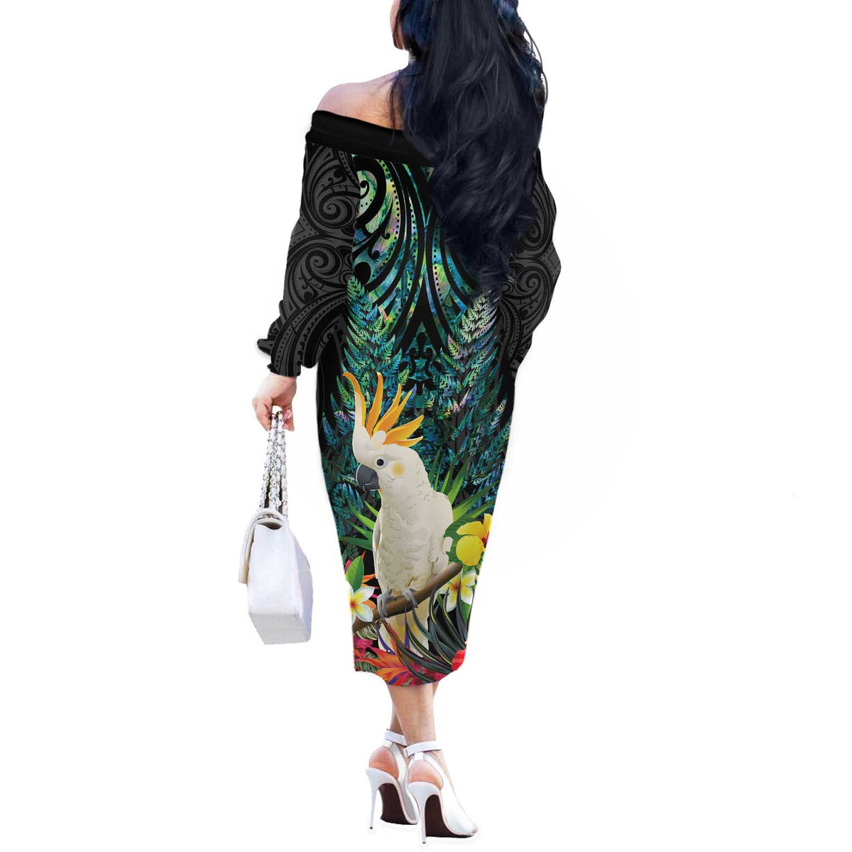 Sulphur-crested Cockatoo New Zealand Off The Shoulder Long Sleeve Dress Paua Shell Aotearoa Maori Tropical Flowers LT14 - Polynesian Pride