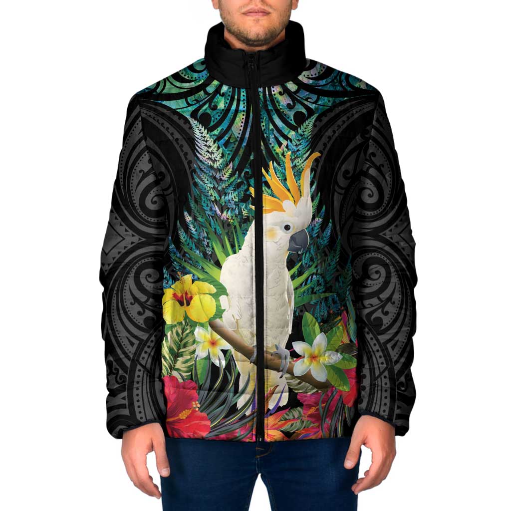Sulphur-crested Cockatoo New Zealand Padded Jacket Paua Shell Aotearoa Maori Tropical Flowers LT14 Men Black - Polynesian Pride