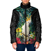 Sulphur-crested Cockatoo New Zealand Padded Jacket Paua Shell Aotearoa Maori Tropical Flowers LT14 Men Black - Polynesian Pride