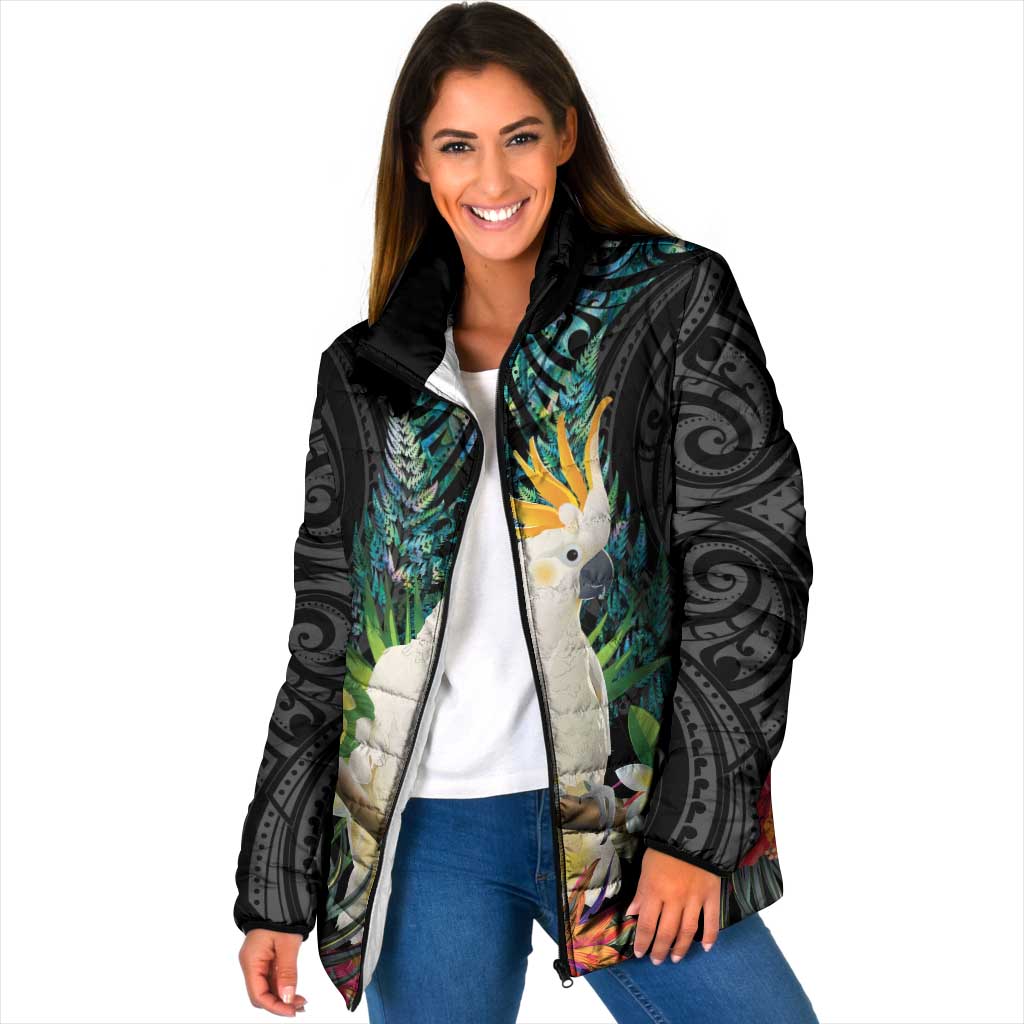 Sulphur-crested Cockatoo New Zealand Padded Jacket Paua Shell Aotearoa Maori Tropical Flowers LT14 Women Black - Polynesian Pride