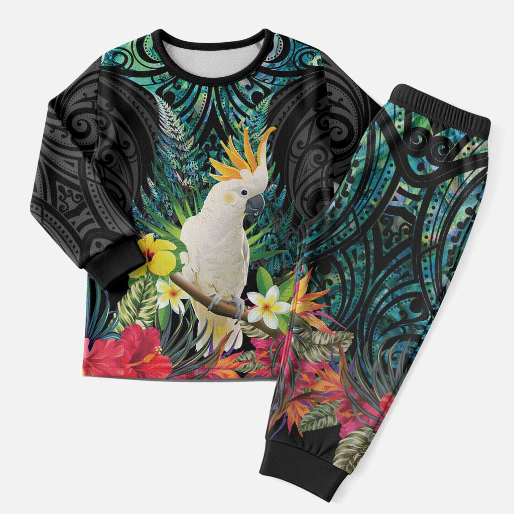 Sulphur-crested Cockatoo New Zealand Christmas Pajama Set Paua Shell Aotearoa Maori Tropical Flowers LT14 Men Black - Polynesian Pride