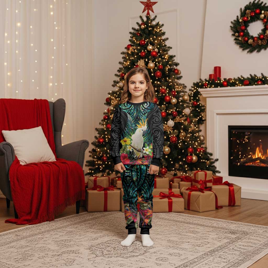 Sulphur-crested Cockatoo New Zealand Christmas Pajama Set Paua Shell Aotearoa Maori Tropical Flowers LT14 Kid Black - Polynesian Pride