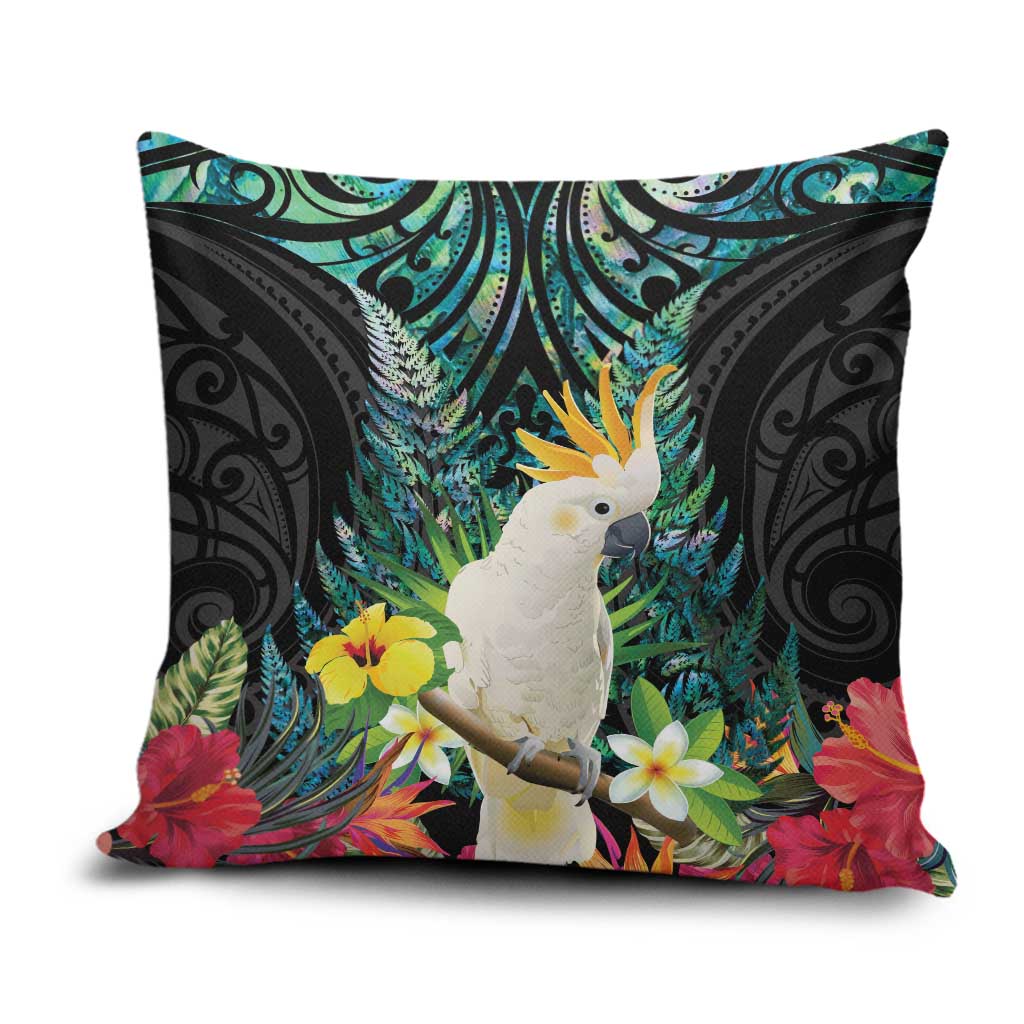 Sulphur-crested Cockatoo New Zealand Pillow Cover Paua Shell Aotearoa Maori Tropical Flowers LT14 Black - Polynesian Pride