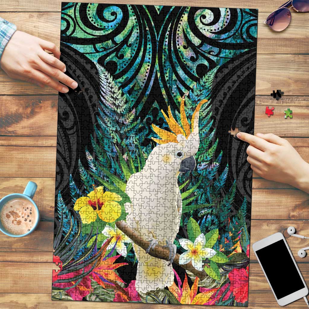 Sulphur-crested Cockatoo New Zealand Puzzle Paua Shell Aotearoa Maori Tropical Flowers LT14 Black - Polynesian Pride