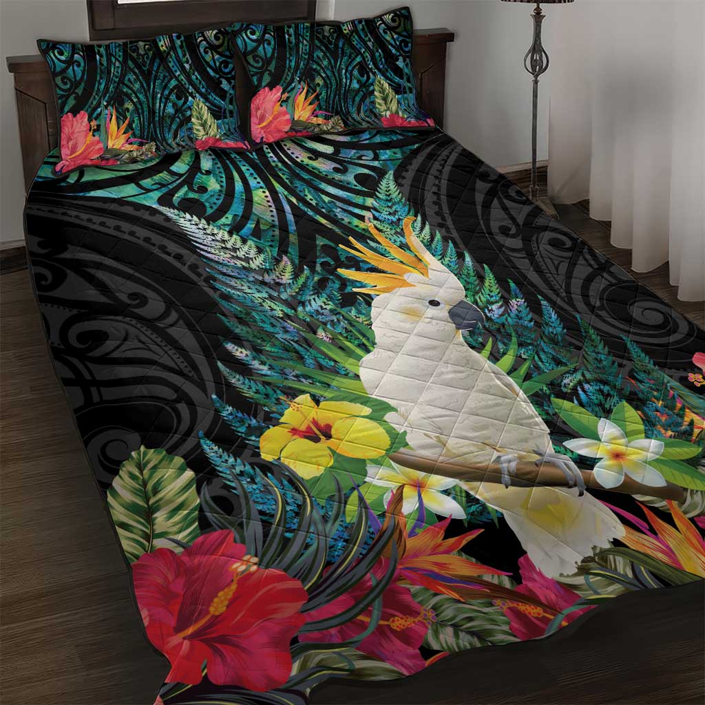 Sulphur-crested Cockatoo New Zealand Quilt Bed Set Paua Shell Aotearoa Maori Tropical Flowers LT14 Black - Polynesian Pride