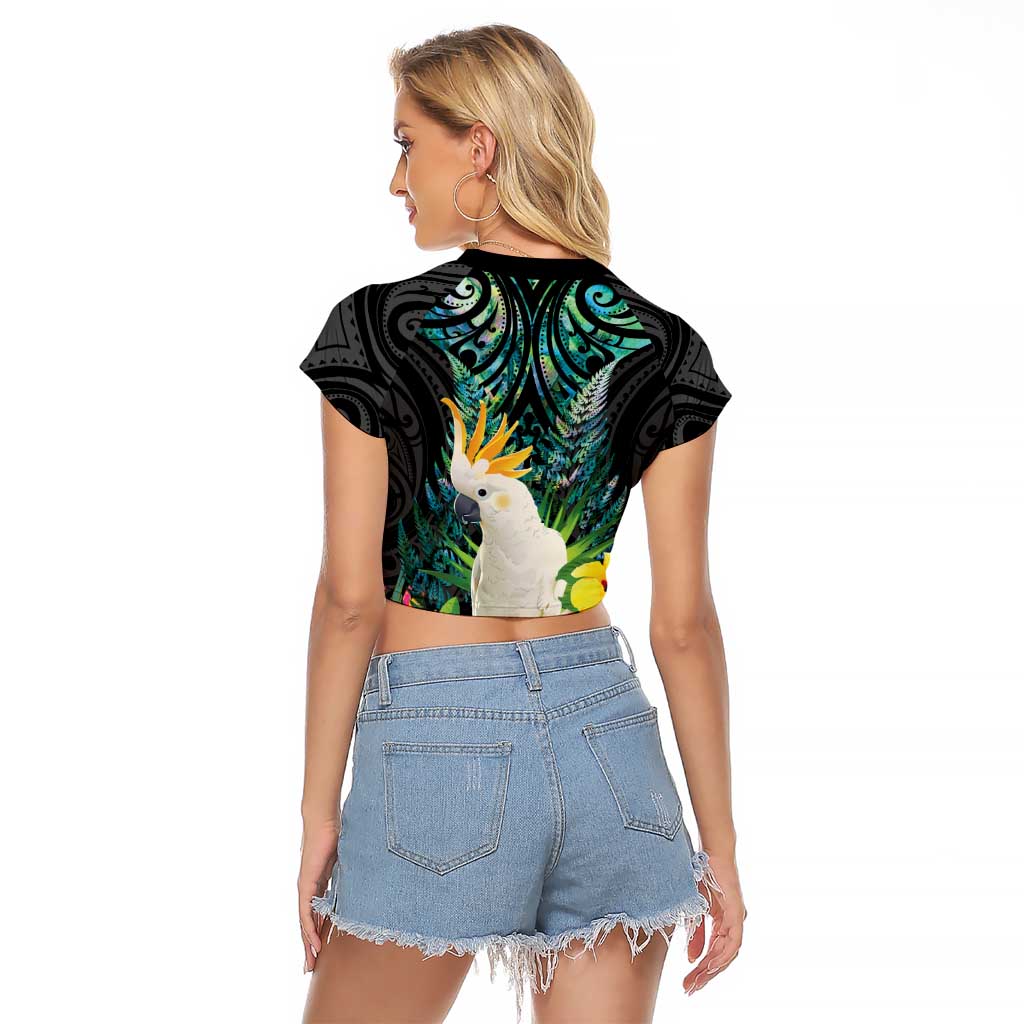 Sulphur-crested Cockatoo New Zealand Raglan Cropped T Shirt Paua Shell Aotearoa Maori Tropical Flowers LT14 - Polynesian Pride