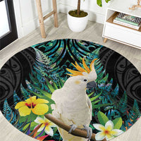 Sulphur-crested Cockatoo New Zealand Round Carpet Paua Shell Aotearoa Maori Tropical Flowers LT14 Black - Polynesian Pride