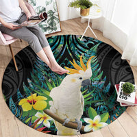 Sulphur-crested Cockatoo New Zealand Round Carpet Paua Shell Aotearoa Maori Tropical Flowers LT14 - Polynesian Pride