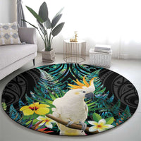 Sulphur-crested Cockatoo New Zealand Round Carpet Paua Shell Aotearoa Maori Tropical Flowers LT14 - Polynesian Pride