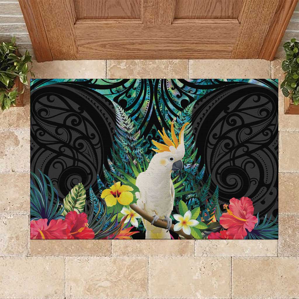 Sulphur-crested Cockatoo New Zealand Rubber Doormat Paua Shell Aotearoa Maori Tropical Flowers LT14 Black - Polynesian Pride