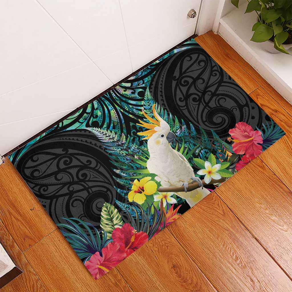 Sulphur-crested Cockatoo New Zealand Rubber Doormat Paua Shell Aotearoa Maori Tropical Flowers LT14 - Polynesian Pride