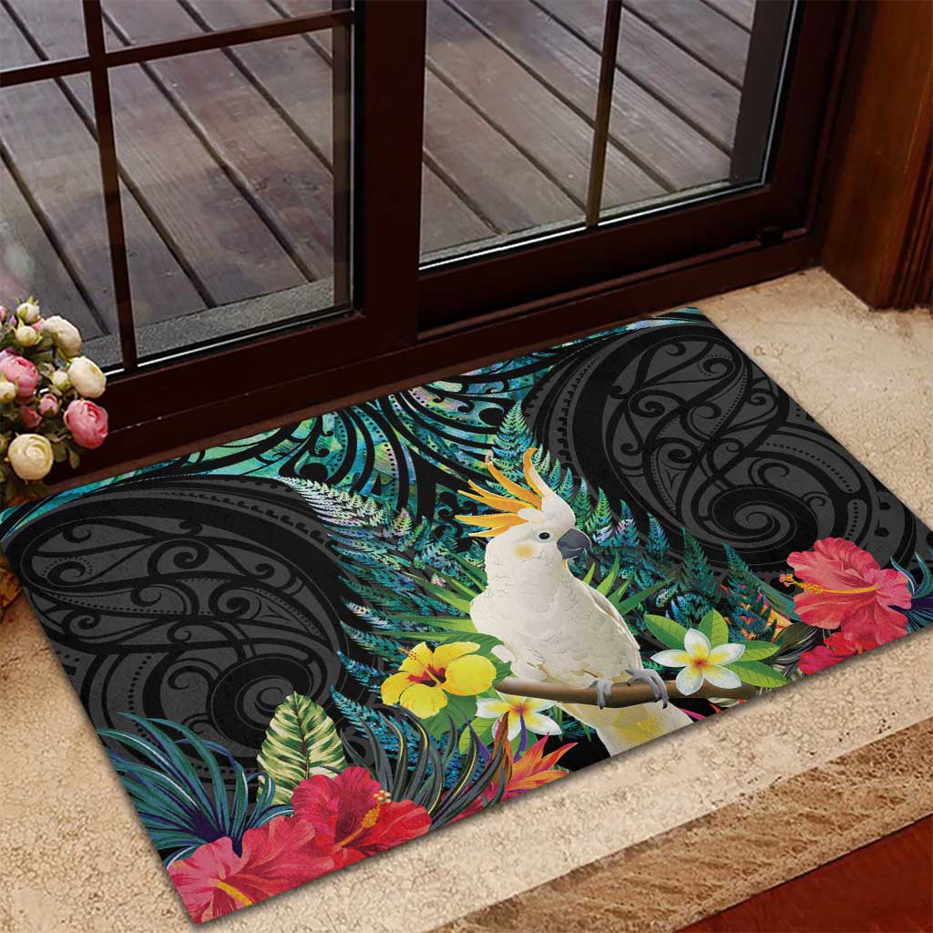 Sulphur-crested Cockatoo New Zealand Rubber Doormat Paua Shell Aotearoa Maori Tropical Flowers LT14 - Polynesian Pride