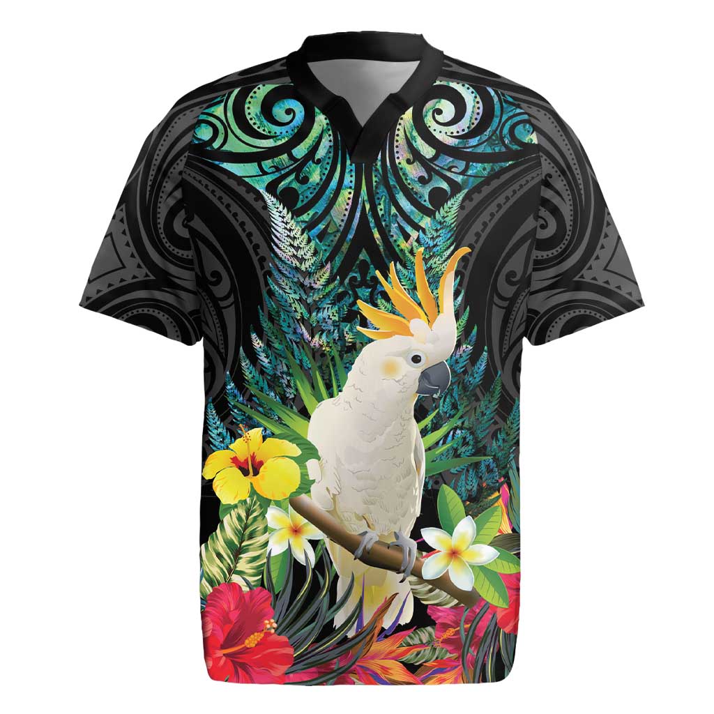 Sulphur-crested Cockatoo New Zealand Rugby Jersey Paua Shell Aotearoa Maori Tropical Flowers - Polynesian Pride