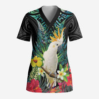 Sulphur-crested Cockatoo New Zealand Scrub Top Paua Shell Aotearoa Maori Tropical Flowers LT14 Adult Black - Polynesian Pride