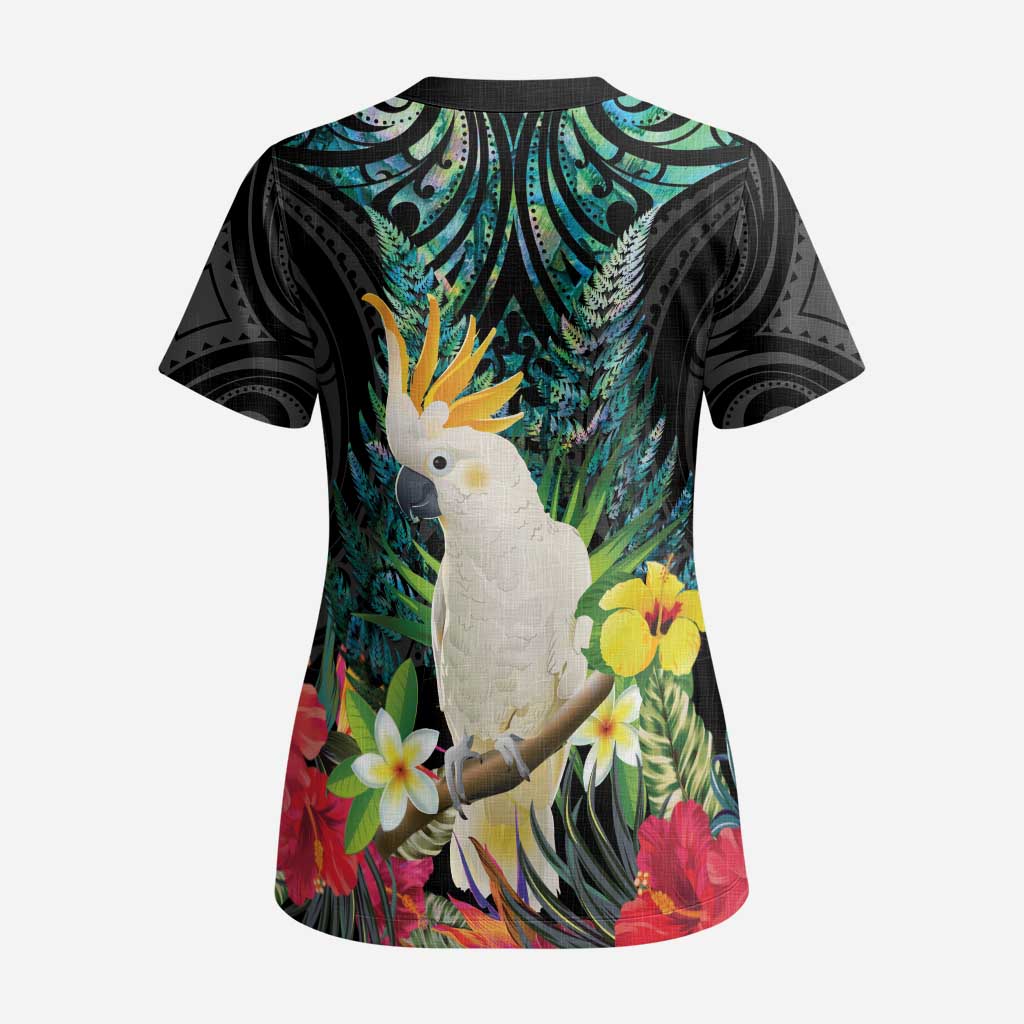 Sulphur-crested Cockatoo New Zealand Scrub Top Paua Shell Aotearoa Maori Tropical Flowers LT14 - Polynesian Pride