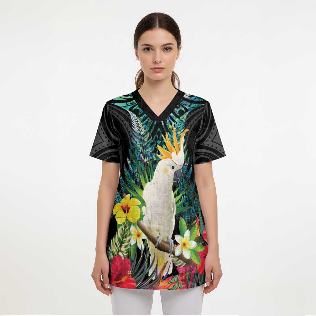 Sulphur-crested Cockatoo New Zealand Scrub Top Paua Shell Aotearoa Maori Tropical Flowers LT14 - Polynesian Pride