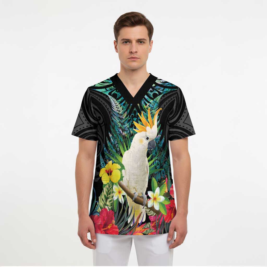 Sulphur-crested Cockatoo New Zealand Scrub Top Paua Shell Aotearoa Maori Tropical Flowers LT14 - Polynesian Pride