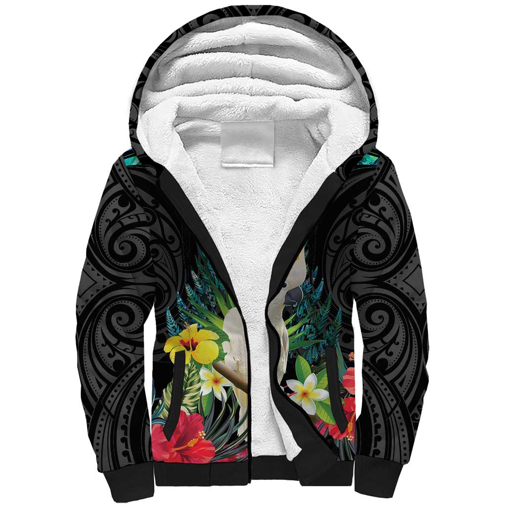 Sulphur-crested Cockatoo New Zealand Sherpa Hoodie Paua Shell Aotearoa Maori Tropical Flowers LT14 Unisex Black - Polynesian Pride