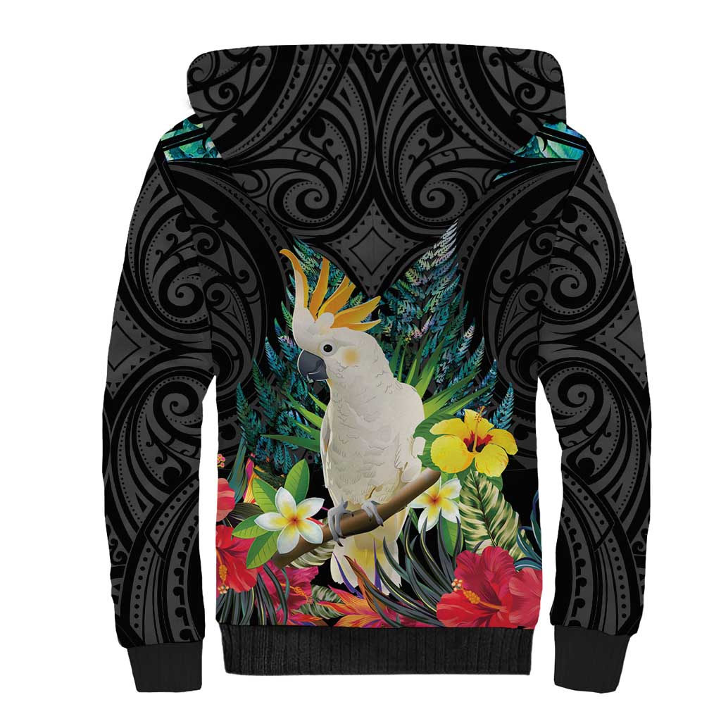 Sulphur-crested Cockatoo New Zealand Sherpa Hoodie Paua Shell Aotearoa Maori Tropical Flowers LT14 - Polynesian Pride