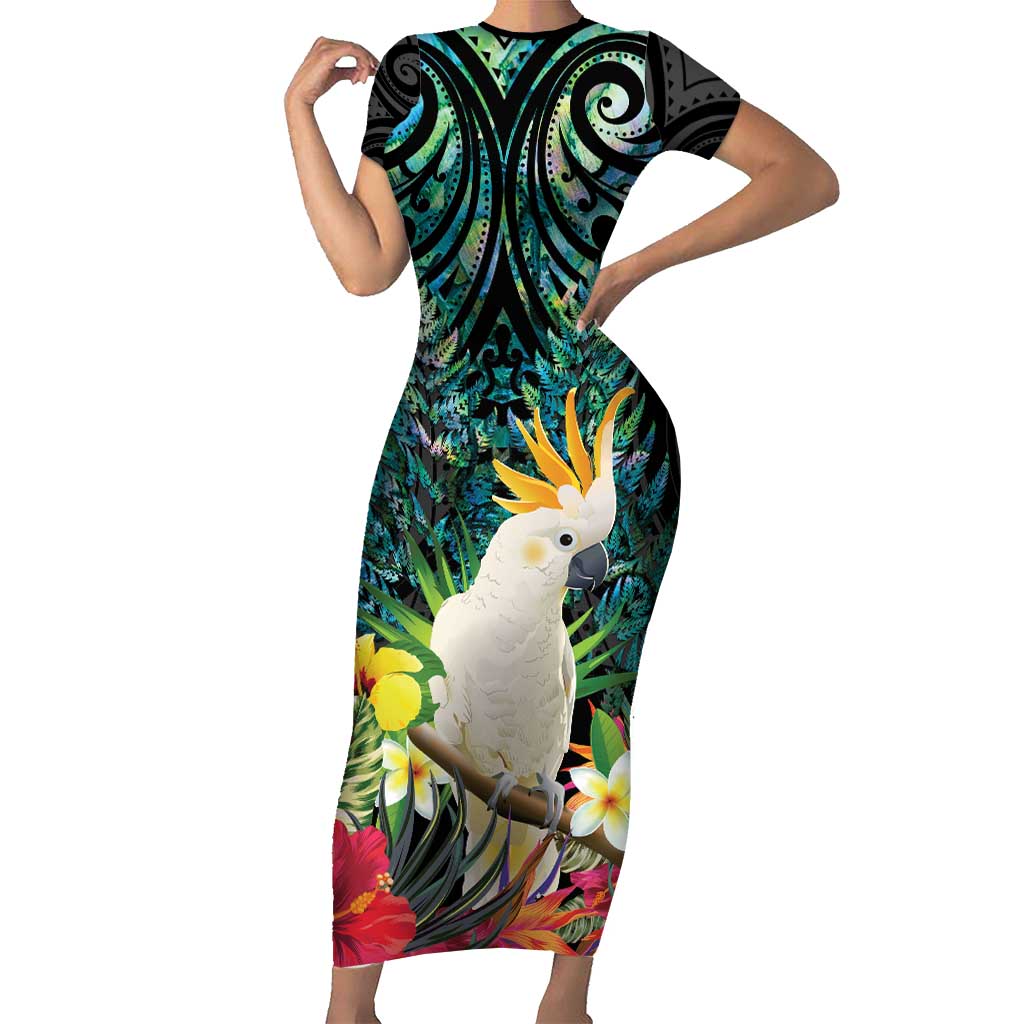 Sulphur-crested Cockatoo New Zealand Short Sleeve Bodycon Dress Paua Shell Aotearoa Maori Tropical Flowers LT14 Long Dress Black - Polynesian Pride