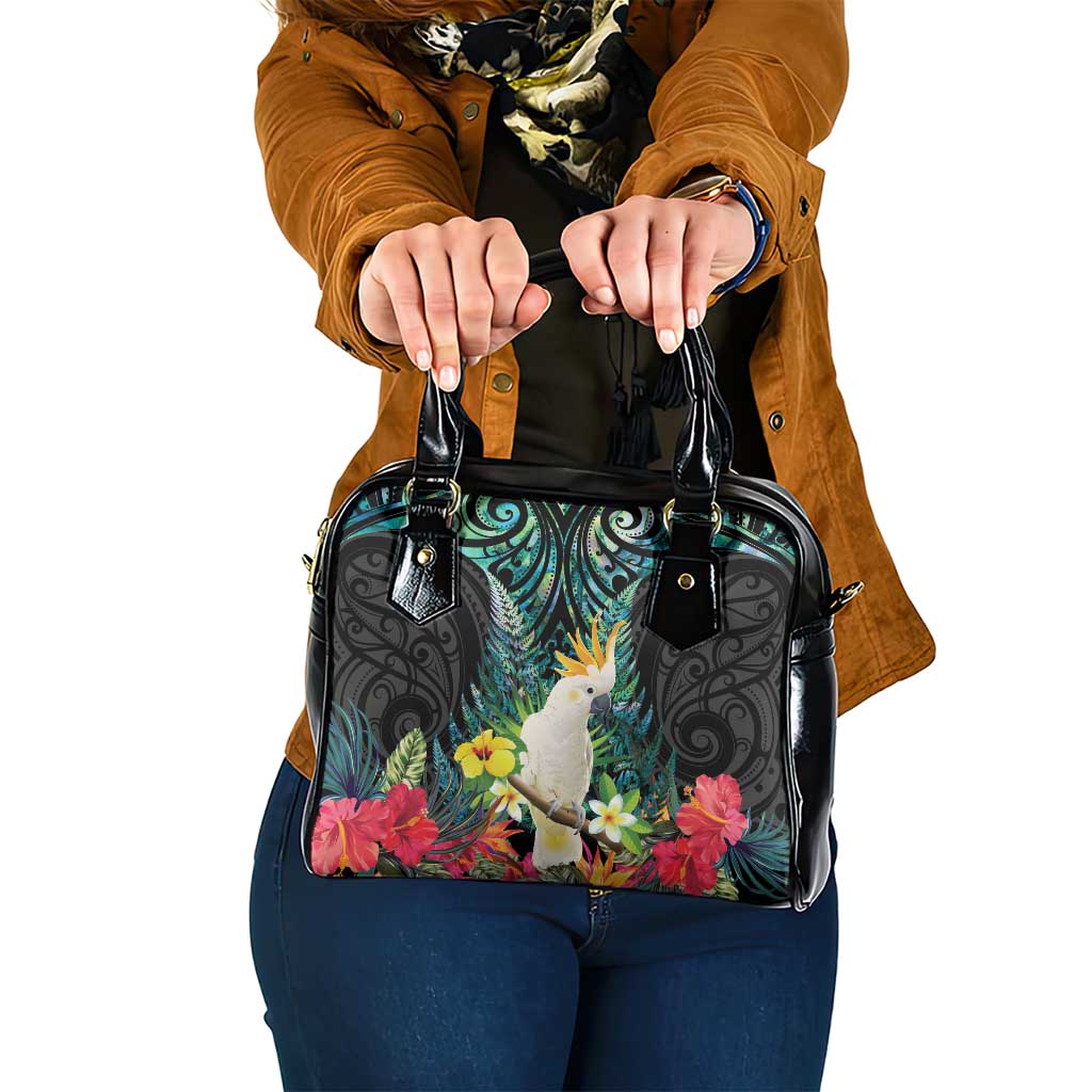 Sulphur-crested Cockatoo New Zealand Shoulder Handbag Paua Shell Aotearoa Maori Tropical Flowers LT14 One Size Black - Polynesian Pride
