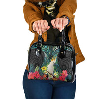 Sulphur-crested Cockatoo New Zealand Shoulder Handbag Paua Shell Aotearoa Maori Tropical Flowers LT14 One Size Black - Polynesian Pride